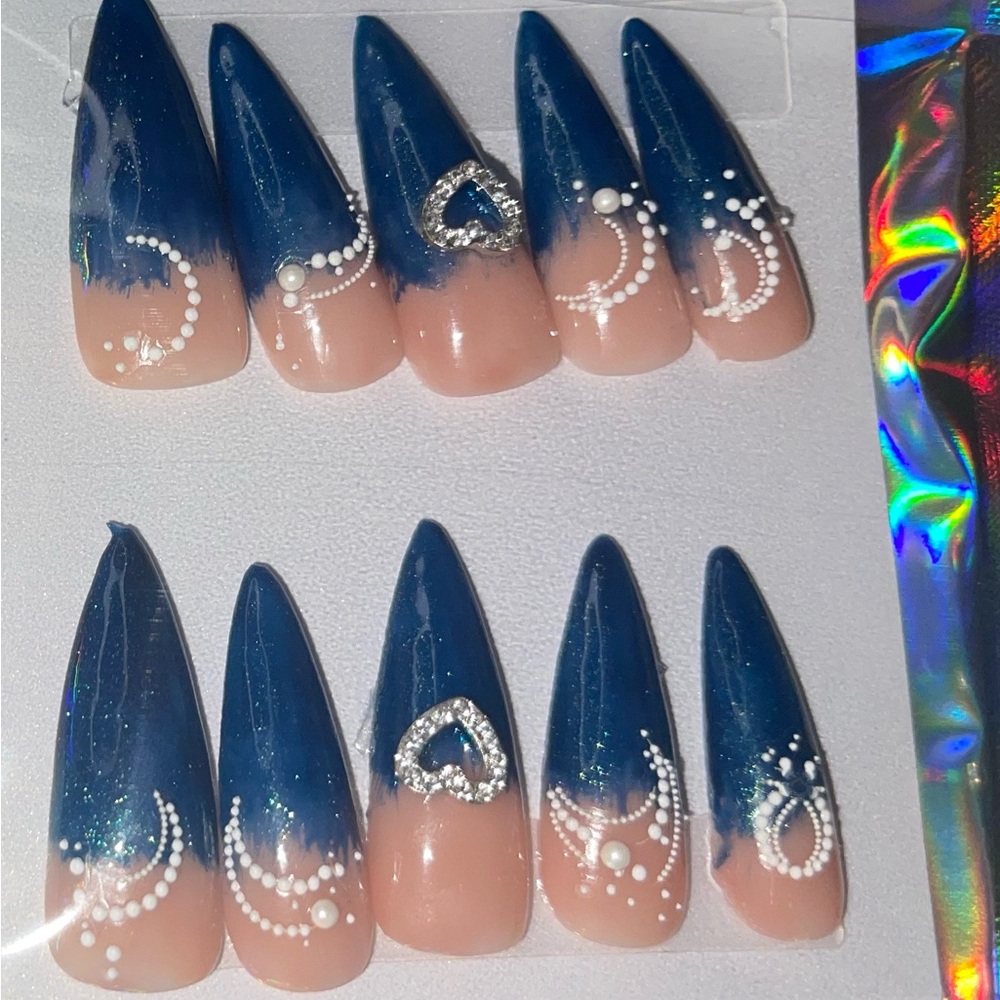 Blue Ombre Stiletto Press-On Nails with Rhinestone Accent - Women Makeup